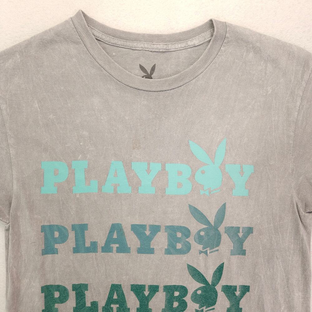Playboy Graphic Casual Short Sleeve Crew Neck T Shirt Mens Size S Gray Blue